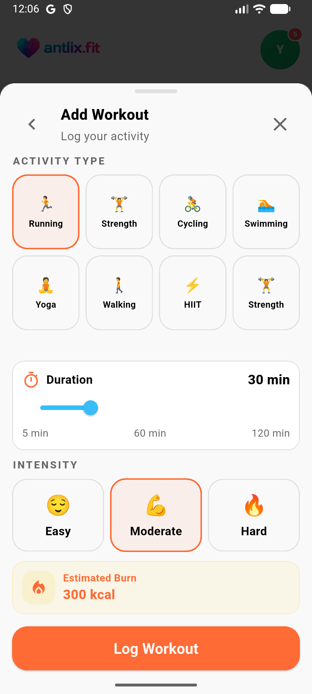 Workout logging screen